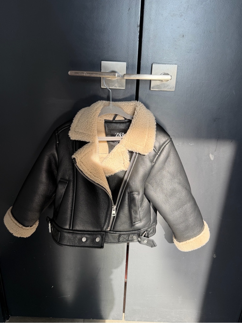 Zara Black Faux Leather Aviator Jacket with Cream Sherpa Trim